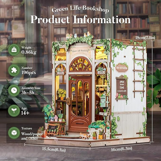 Fsolis Book Nook Kit, 3D Wooden Puzzles for Adults, 196 pcs, DIY Miniature Puzzle Room Kit Tiny House Bookshelf Decor Gifts for Women Teenagers Book Lovers (Green Life's Bookshop)