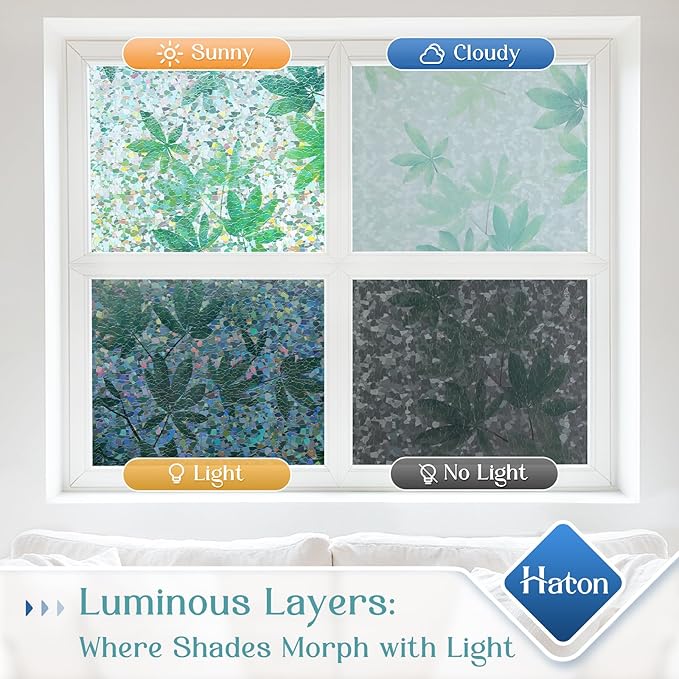 Haton Window Privacy Film, Decorative Stained Glass Window Clings, 3D UV Sun Blocking Sticker, Removable Static Cling Heat Control Tint for Home Door, Leaf Rainbow, 17.5" x 78.7" Non-Adhesive