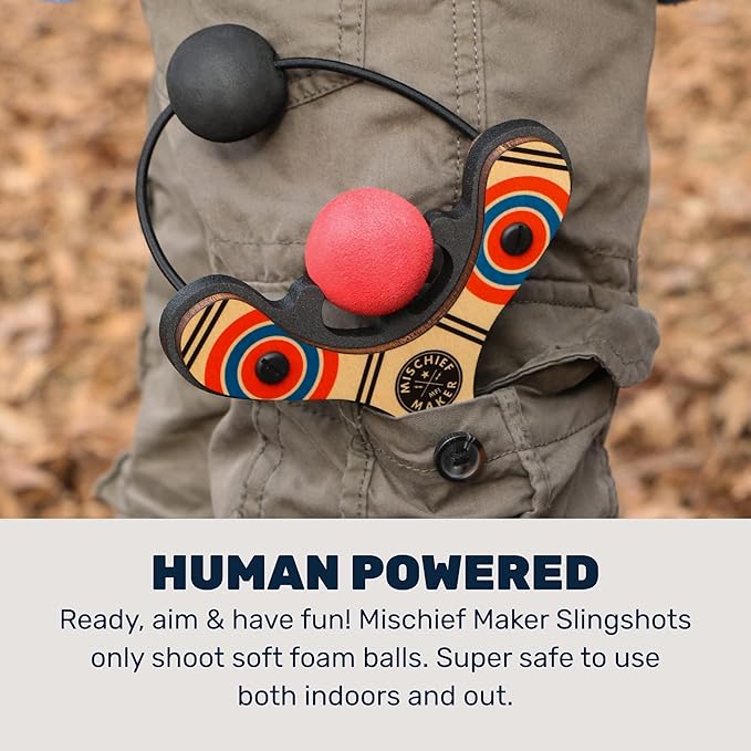 Mighty Fun! - Mischief Maker® Wooden Slingshot - Classic Series - Real Wood Slingshot for Kids, 4 Soft Foam Balls and Storage Bag - Ages 4+ (red)