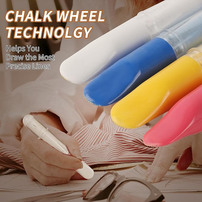(3-pack) Fabric Chalk Markers -Erase Tailor’s Chalk for Quilting and Sewing - Compatible with Most Fabrics - With Dosing Wheel Technology, Red, Blue, White