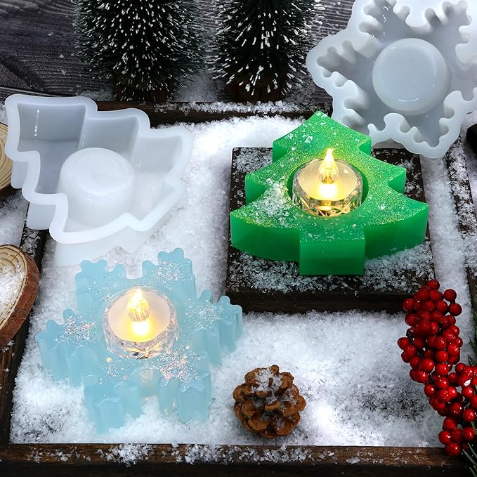 2PCS Christmas Resin Molds Christmas Tree Candle Holder Resin Molds Snowflake Silicone Resin Mold for Tea Lights Epoxy Resin Mold for Home Table Decorations Xmas Decor