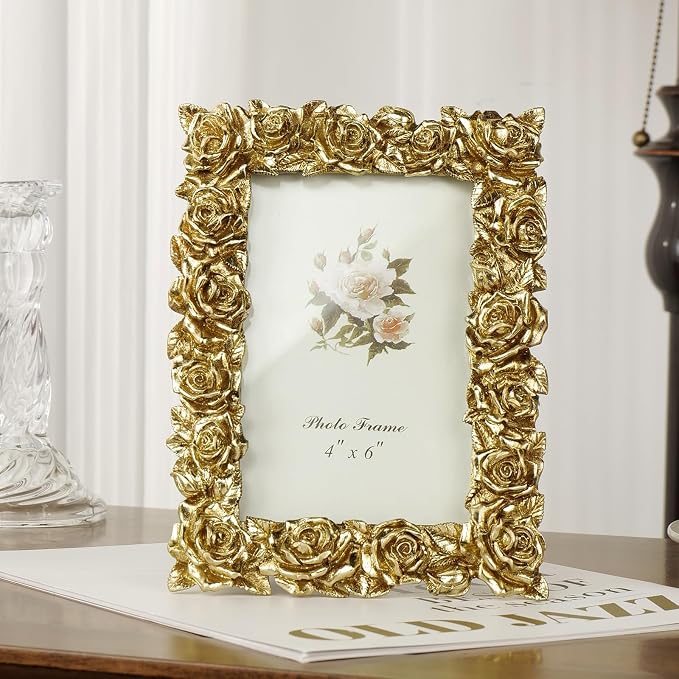 Cuspin 4x6 Picture Frame Vintage Gold Frames, Ornate Rose Flower Resin Photo - Image 2