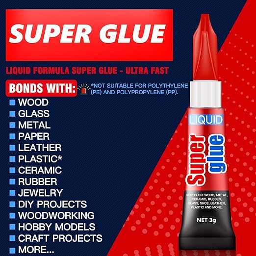 3 Gram (Pack of 12) Single Use Super Glue Liquid, Super Fast, Thin & Strong Adhesive Superglue, Cyanoacrylate Glue for Hard Plastics, DIY Craft, Ceramics, Leather, Metal Etc