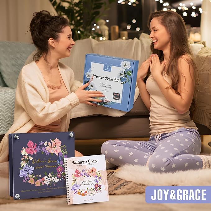 Joy&Grace Flower Press Kit for Adults & Kids, with Designed Cover and DIY Album, 10.9" x 10.9" 10 Layers Flower Preservation Kit, Plant Press and Large Plant Drying Toolkit (Color Box, Purple Navy)