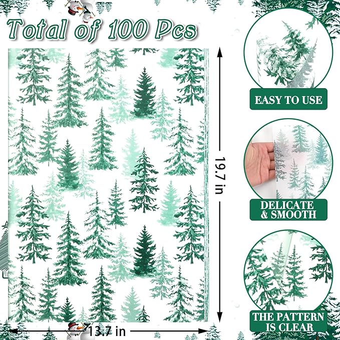 100 Sheets Christmas Tree Tissue Paper, 20x14in Forest Style Wrapping Tissue Watercolor Xmas Tree Art Tissue for Xmas Party Gift Bag Fillers Winter Party Decor (Blush Green)