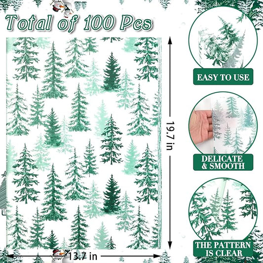 100 Sheets Christmas Tree Tissue Paper, 20x14in Forest Style Wrapping Tissue Watercolor Xmas Tree Art Tissue for Xmas Party Gift Bag Fillers Winter Party Decor (Blush Green)