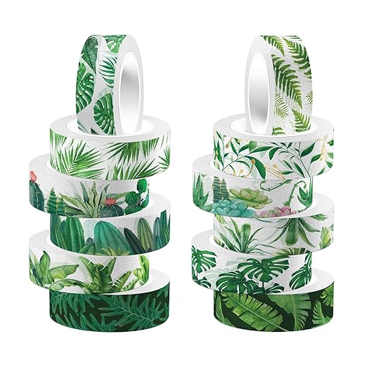 Greenery Washi Tape Set 12 Rolls, Tropical Leaves Masking Tape Hawaii Green Plants Cactus Summer Greenery Decorative Stickers for Note Scrapbook Handbook Sticker Gifts Wrapping DIY Art Crafts