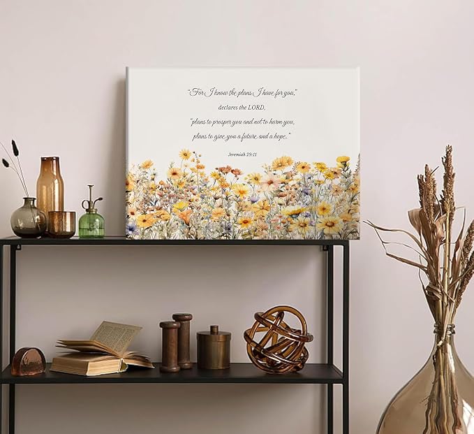 YOXORDQ Christian Floral Canvas Wall Art Jeremiah 29:11 Picture Print Yellow - Image 4