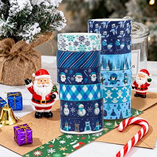 12 Rolls Winter Washi Tape Set Blue White Snowflake Snowman Holiday Masking Tape Xmas Tree Reindeer Penguin Holiday Decorative Tapes for Scrapbook Journal DIY Craft Gift Wrapping Party Decor 16.4FT