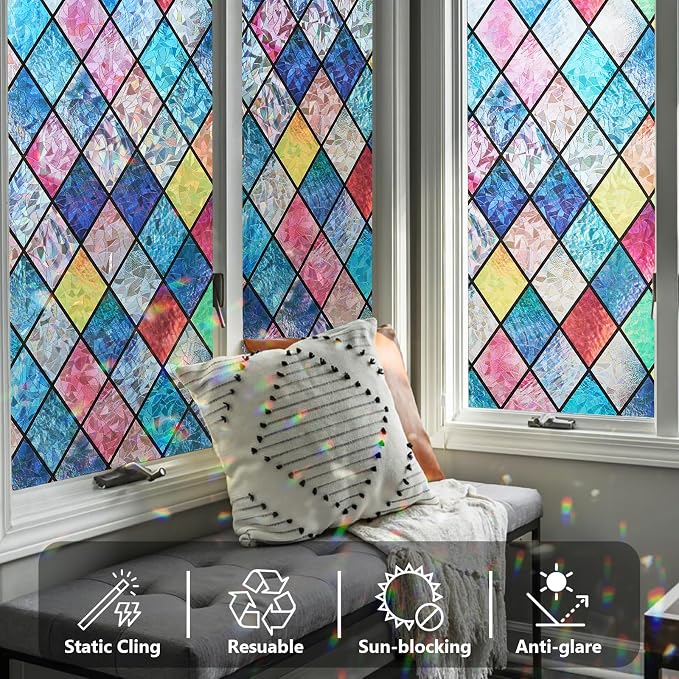 Window Privacy Film Stained Glass 29.5" x 78.7" Rainbow | Static cling – no glue - Image 6