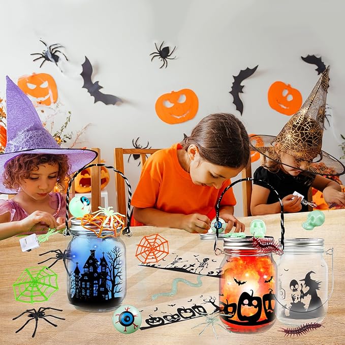 Halloween Craft Kit for Kids, 4 pcs Glass Mason Jar with Accessories for DIY Lantern Jar, Halloween Art & Craft Party Supplies for Classroom,Art and Craft Party Supplies for Kids