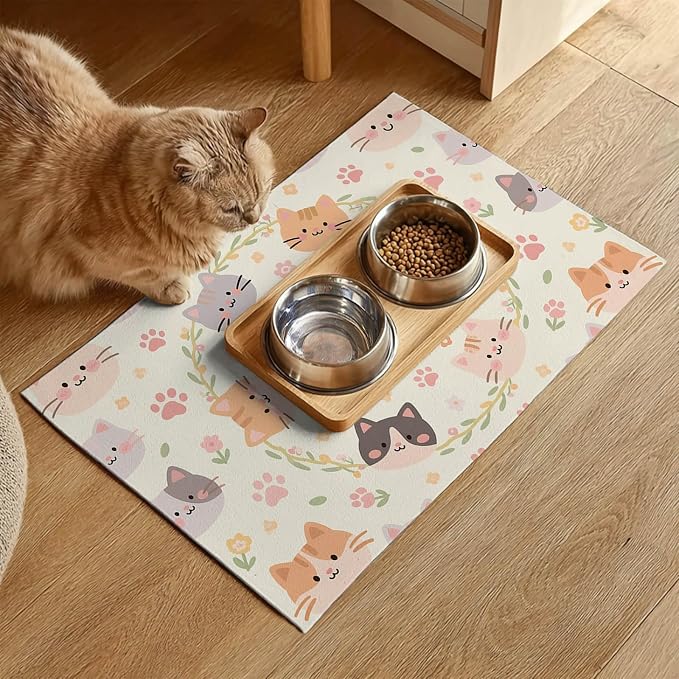 Cat Feedings Mats 20x12 inch Beige Cat Print Pet Bowl Placemat Non Slip Mat - Image 2