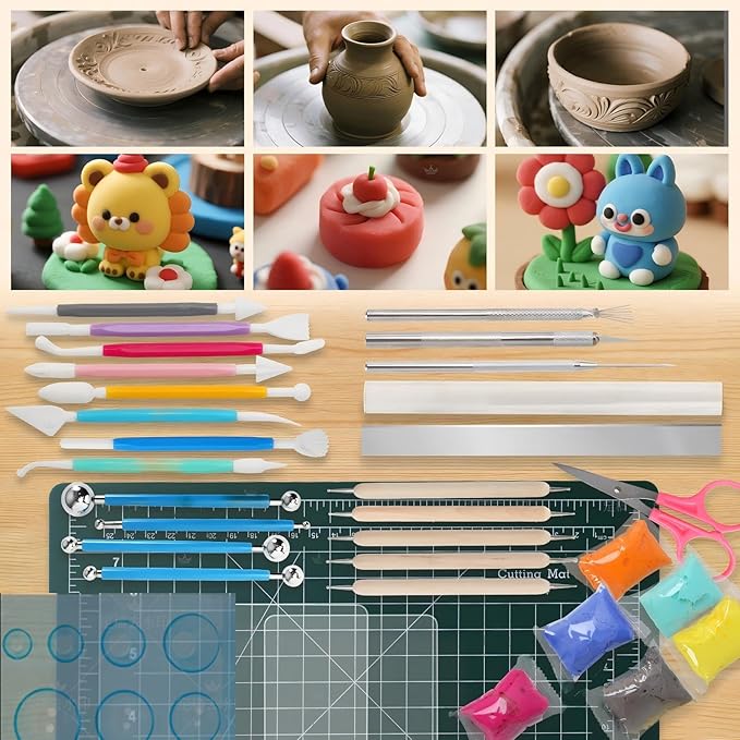 26 PCS Upgraded Polymer Clay Tools, Clay Sculpting, Acrylic Roller Pin, Polymer Clay Cutters Dotting Tools, Rectangle Sheet Press Board Wire Texture Set Needle Detail Modelling Supplies