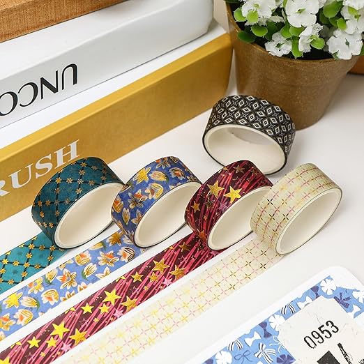 12 Rolls Charming Washi Tape Set Gold Silver Foil Detailing Arts Adhesive Tapes Basic Patterns Decorative Masking Tape Sets for Craft, Kids, Scrapbook, DIY, Gift Wrapping (Mystical Forest)