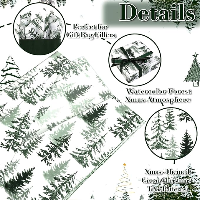 100 Sheets Christmas Tree Tissue Paper, 20x14in Forest Style Wrapping Tissue Watercolor Xmas Tree Art Tissue for Xmas Party Gift Bag Fillers Winter Party Decor (Green)