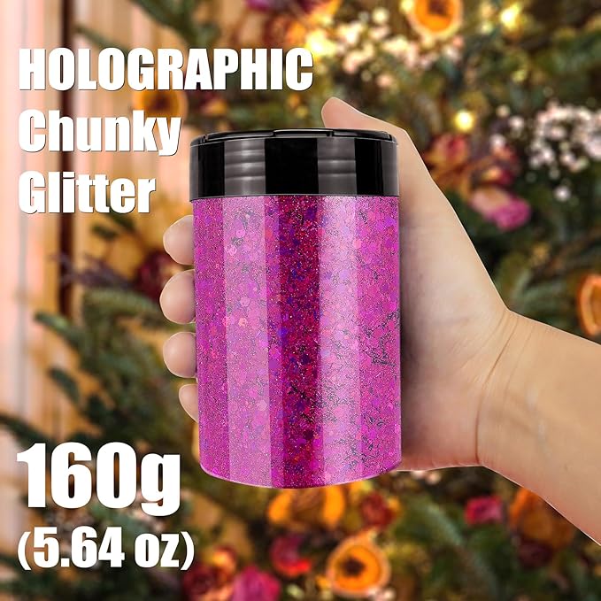 Holographic Chunky Glitter, 5.64oz/160g Craft Glitter Powder Mixed Chunky & Fine Flakes, Iridescent Sequins for Nail Art, Hair, Body, Eye Epoxy Resin, Tumblers, Painting, Festival Decor (Fuchsia)