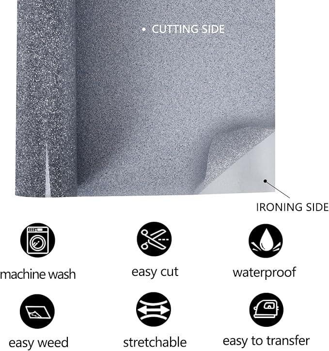 FUNKAKA Glitter Silver HTV Heat Transfer Vinyl Rolls, 12" x 25ft PU Iron on Vinyl for T-Shirt Silver Glitter HTV Vinyl for All Cutter Machines Easy to Cut & Weed for Heat Vinyl Design