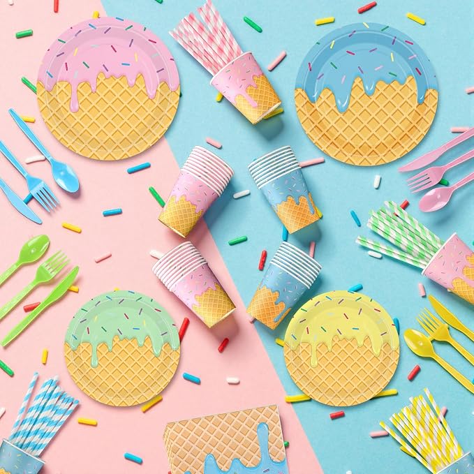 450 Pcs Ice Cream Tableware Set Decorations Summer Ice Cream Cone Paper Plates - Image 4