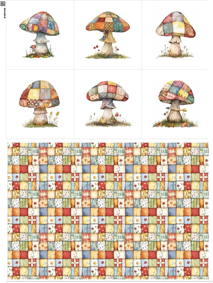 Patchwork Mushroom Cotton Fabric Panel – 6 Designs + Bonus Sheet 29.5×19.6 inch by FabricsTown