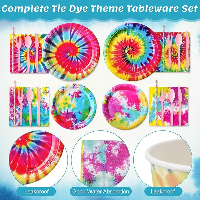 450 Pcs Tie Dye Party Tableware Set Decorations Rainbow Birthday Paper Plates - Image 3