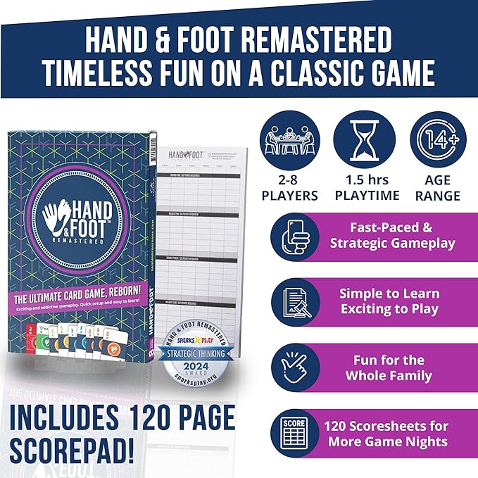 Hand & Foot Remastered 8 Player Edition + Bonus 120-Page Scorepad – Card Game for Adults & Families