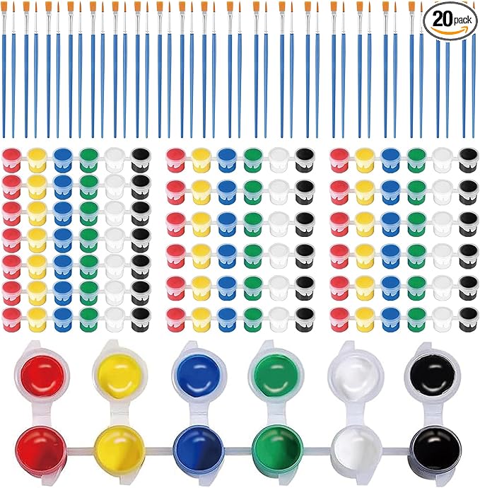 20 Pack 6 Colors Mini Acrylic Paint and Brushes Set for Kids Party Favor, Individual Paints Strips Sets with Brush for Kid, Student Painting Kit for Canvas