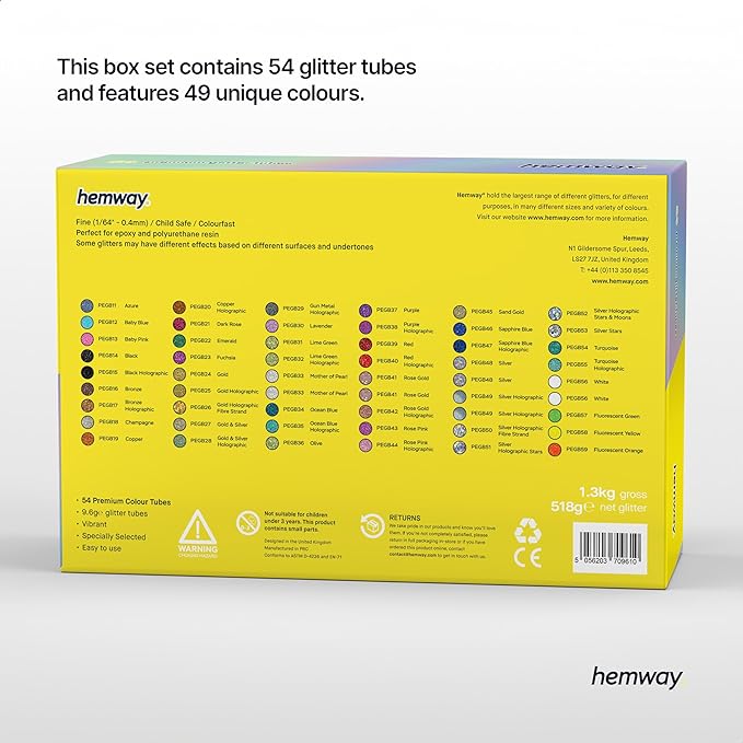 Hemway Polyurethane & Epoxy Resin Glitter Box (Pack of 54) | Fine Metallic Flakes Shaker Set for Arts & Crafts | Assorted Colour Craft Supplies for Making Cards, Jewellery, Tumblers & Coasters
