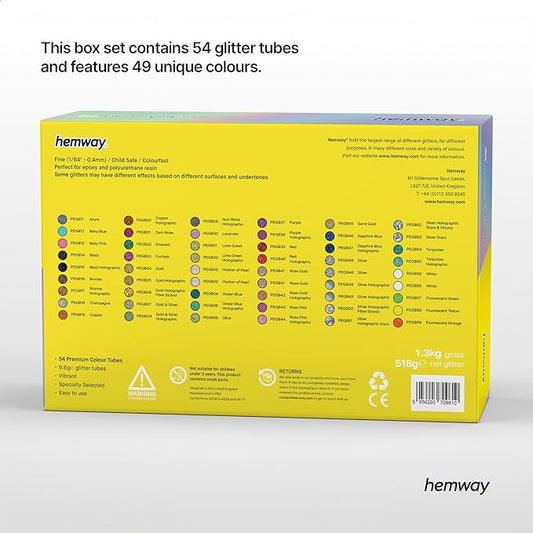 Hemway Polyurethane & Epoxy Resin Glitter Box (Pack of 54) | Fine Metallic Flakes Shaker Set for Arts & Crafts | Assorted Colour Craft Supplies for Making Cards, Jewellery, Tumblers & Coasters
