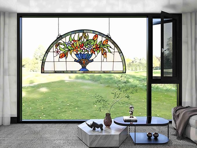 24 inch Flower Stained Glass Window Hanging Half Moon Shade,100% Real Stained Glass Panelfor Home Decor(YLK005)