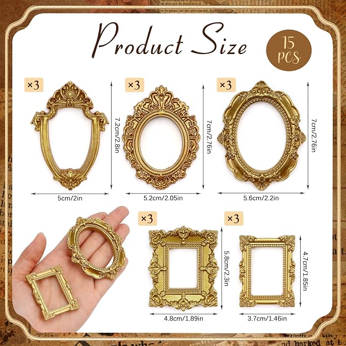 15 PCS Mini Vintage Frames, Tiny Resin Antique Frames, Small Gold picture photo - Image 2