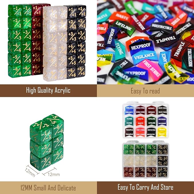 108PCS MTG Keyword Tokens & 12mm MTG Life Counter Dice Set for Magic Card, CCG Creature Stats Loyalty Dice with Box, Magic TCG Card Game Accessories
