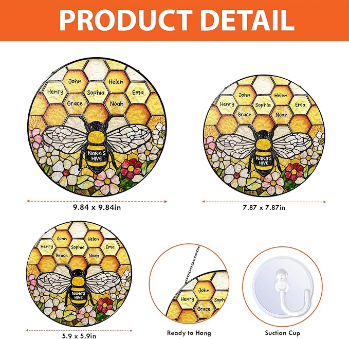 LOVELYPOD Custom Grandma’s Bee Stained Glass Sun Catcher, Personalized Window - Image 6