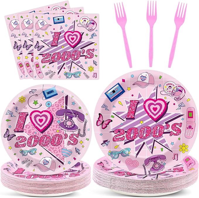 Qyeahkj 100Pcs 2000s Y2K Pink Decorations Party Supplies 90s Plates Napkins by Qyeahkj