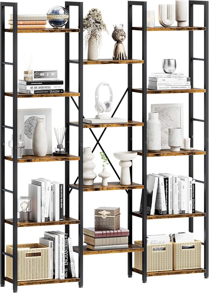 Shintenchi Triple Column 5 Tier Bookshelf, Industrial Large Bookcase Display by Shintenchi%7CFurnitureMadeforRealLife