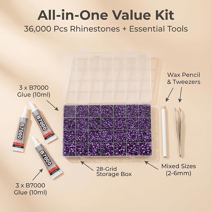 36000Pcs Purple Rhinestones for Bedazzling, Mixed Sizes 2-6MM Flatback Gems - Image 2