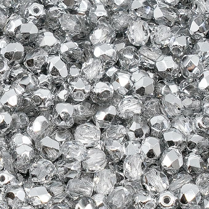 1.8 oz (50g, Approx. 600pcs) of Faceted Fire Polished Pressed Czech Glass Beads 4mm (0.16in), Crystal Silver Aluminum Labrador 00030-27001 BCV