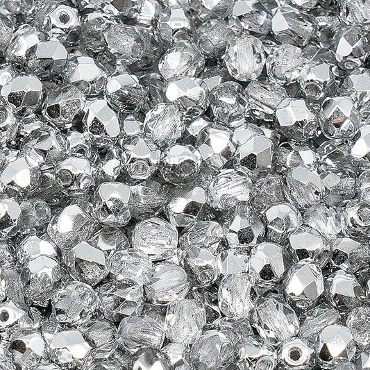 100 pcs of Faceted Fire Polished Pressed Czech Glass Beads 4mm (0.16in), Crystal Silver Aluminum Labrador 00030-27001 BCV