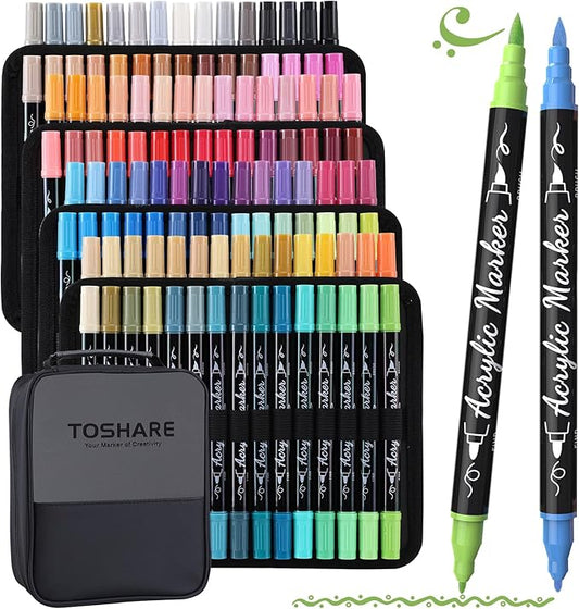 120 Colors Acrylic Paint Markers, Waterproof Dual Tip Acrylic Paint Pens with Brush and Fine Tip, Markers Set for Paper, Rock, Wood, Canvas, Glass, Ceramic and DIY Crafts Making Art Supplies