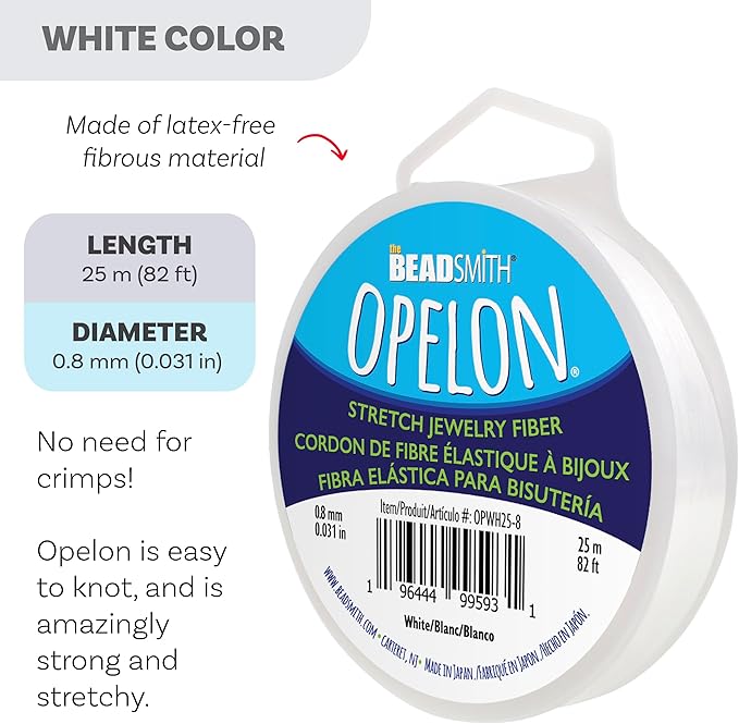 The Beadsmith Opelon Stretch Cord – Elastic Beading Fiber, White, 0.8 mm Diameter, 25 Meters (82 ft) Spool
