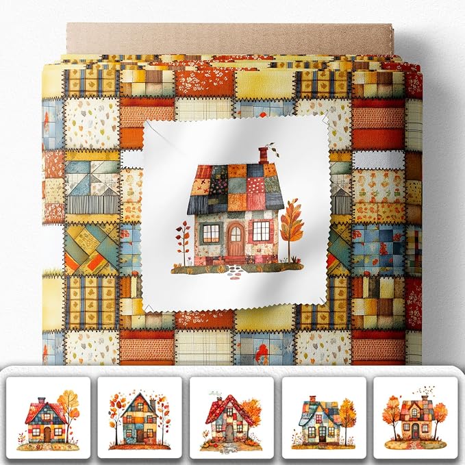 Cozy Autumn Patchwork House Fabric Panel – Six 10×10 inch Designs + Bonus - Image 2