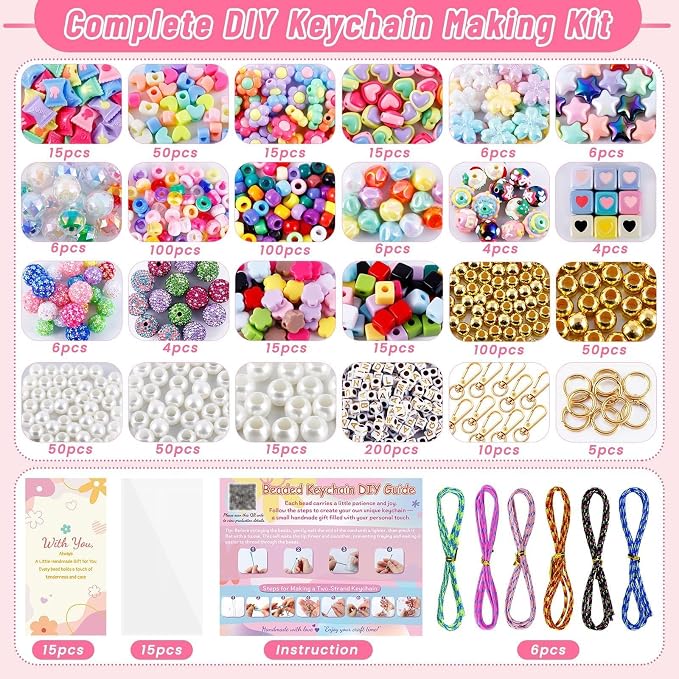 Wurosi 865 Pcs Bead Keychain Kit, DIY Bead Keychain Making Kit, Bag Charm Kit - Image 2