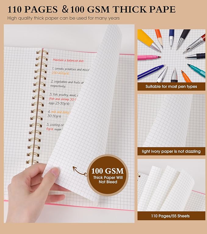 Graph Paper Notebook, Spiral Notebook Journal 8.5” x 11”, A4 Large Grid Notebooks for Women Men, 100 GSM Graph Paper, Plastic Hardcover Spiral Graphing Journals for Work School Engineering, Pink
