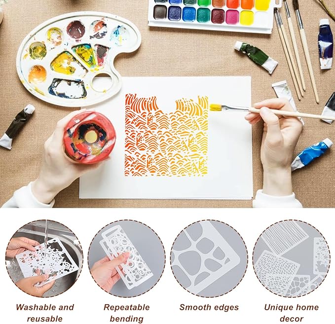 16Pcs Layering Stencils for Painting, 6"x6" Paint Stencils Mixed Texture Bubble Dot Waves Stone Crackle Splatter Geometric Stencil, Stencil for Painting on Wood DIY Art Crafts