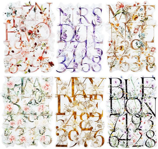 216PCS Floral Alphabet & Number Stickers Set, Waterproof Letter PET Stickers for Scrapbooking, Journaling, DIY Crafts, Card Making