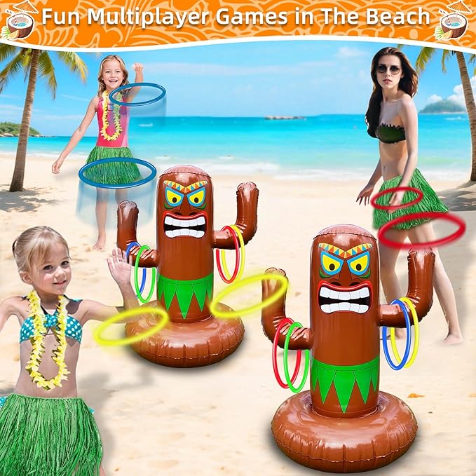 25" Inflatable Luau Tiki Pool Toss Games, Tiki Pool Ring Toss Toys with 4 Rings for Boys Girls Adults Indoor Outdoor Tropical Summer Swimming Inflatable Bean Bags Toss Hawaiian Luau Party Supplies