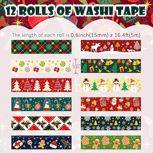 12 Rolls Christmas Washi Tapes Christmas Tree Snowman Snowflakes Gingerbread Man Masking Tape Red Green Gold Foil Xmas Decorative Tape for Xmas Scrapbook Journal Gift Wrapping DIY Crafts 16.4FT