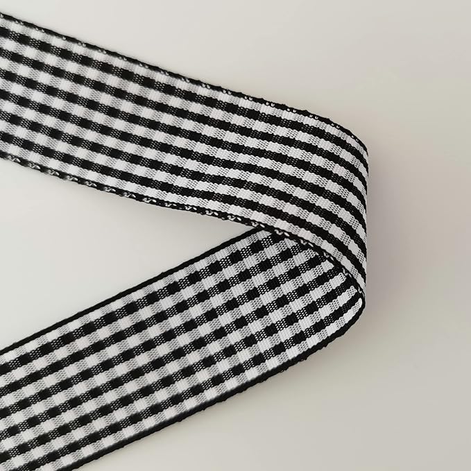 1 Inch Black and White Woven Edge Gingham Ribbon 25 Yards Each Roll 100% Polyester (1", Black)