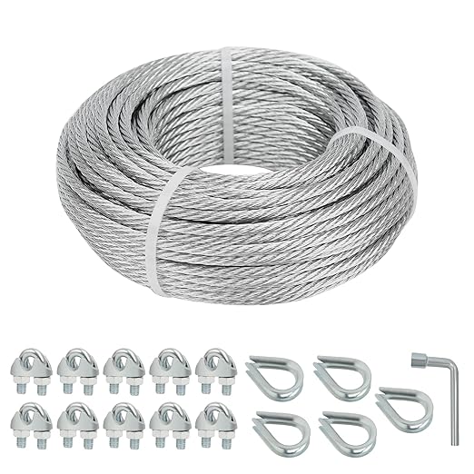 Galvanized Steel Wire Rope Cable, 3/16” Galvanized Steel Cable with Rope Clamp and Thimble, 7X7 Strand Core Aircraft Cable Used for Anchored Shed, Fencing, Sunshade, Clothesline (50ft)