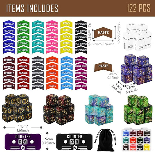 122PCS MTG Keyword Tokens & Dice & Life Counter Set for Magic Card, Health Tracker Life Counter Bulk Ability MTG Dice Set, Compatible with TCG Card Gaming Accessories CCG Creature Stats