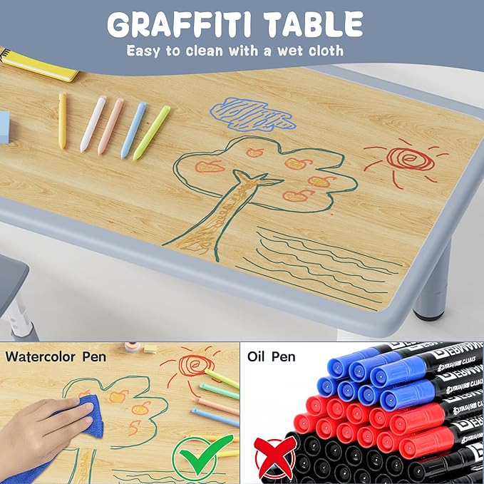 Brelley Height Adjustable Toddler Table and 4 Chairs Set, Graffiti Desktop - Image 4